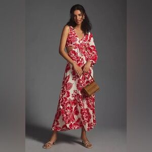 Farm Rio x Anthropologie One Shoulder Cut Out Dress Red Motif